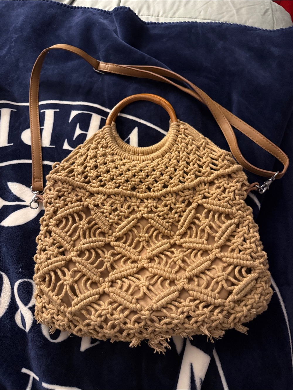Woven Macramé Handbag with Leather Strap - Tan